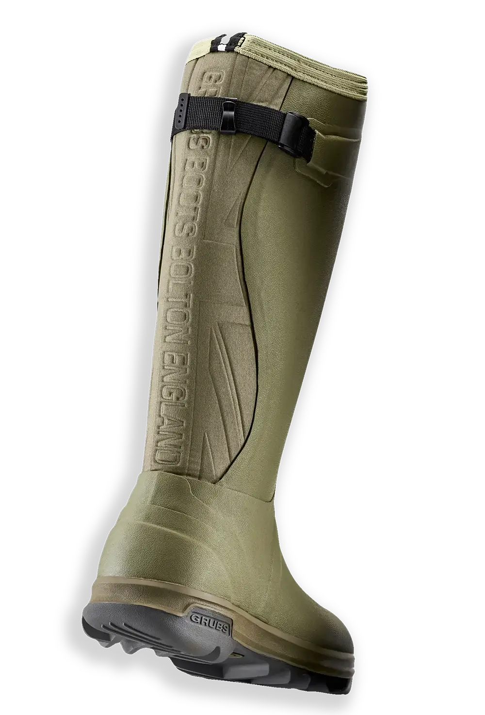 A pair of green Grubs Highline boots, showcasing comfort and waterproof technology.